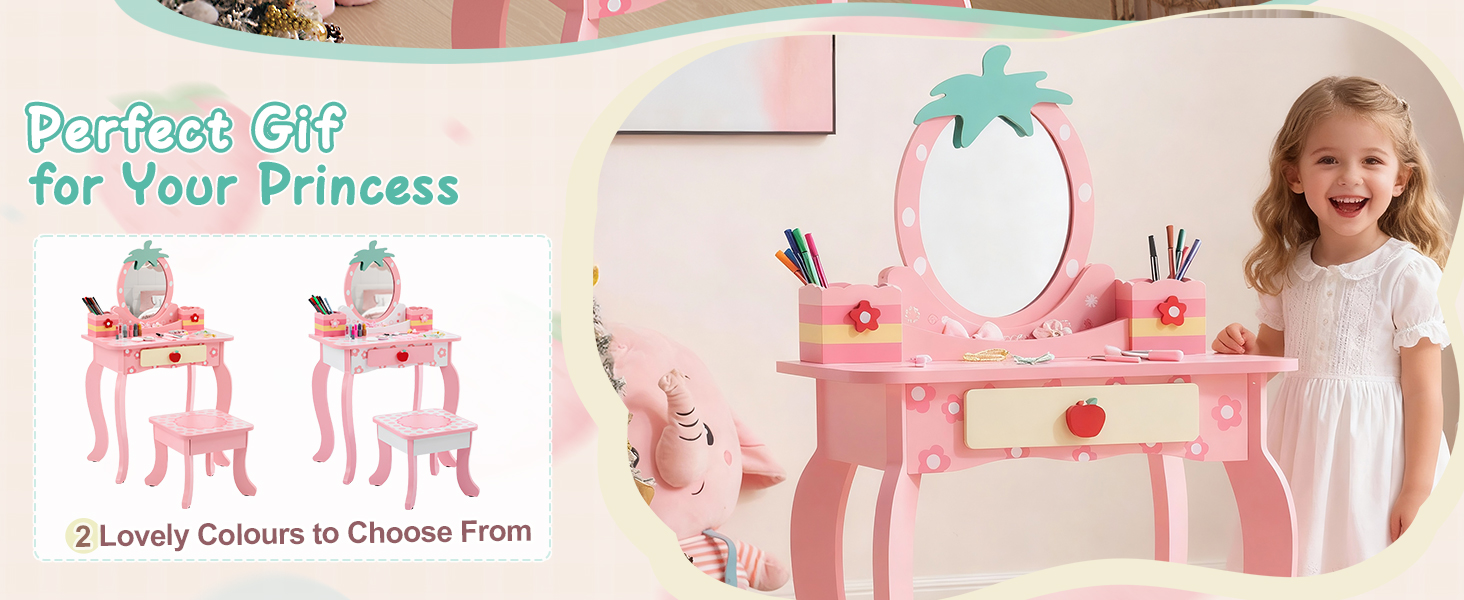 Детский туалетный столик LEADZM с пуфом для девочек, с двумя зеркалами 180°, с ящиком, белый и розовый, для детей 3-9 лет