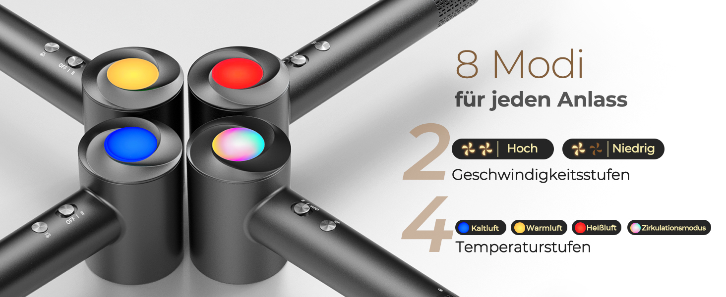 Іонний фен для волосся з дифузором, професійний стайлер 150 000 об/хв, 8 режимів температури з LED-дисплеєм, для кучерявого та густого волосся, чорний