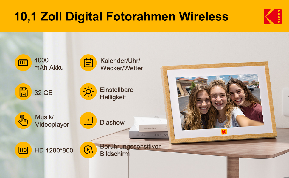 Цифровий фоторамка Kodak WiFi 10.1 дюйм з Wi-Fi, 32GB, сенсорний екран, акумулятор, дерево