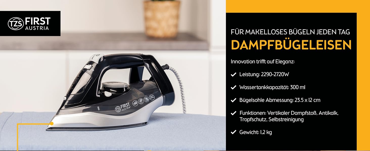Пароочисник TZS First Austria I 2290-2720W | Керамічна підошва, Самоочищення, Вертикальний пар, Anti-Kalk, Сухе прасування, 0.3л резервуар, 1.2 кг | Чорний/Білий