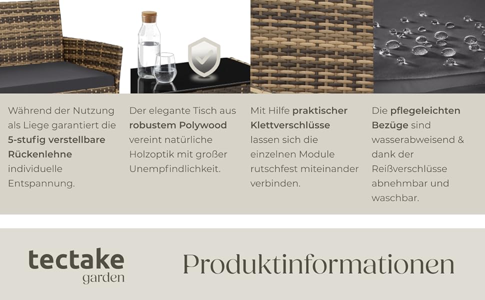 Набір садово-розкладних меблів tectake® з ротангу: банкетка, 2 крісла, столик, подушки, для балкона/тераси