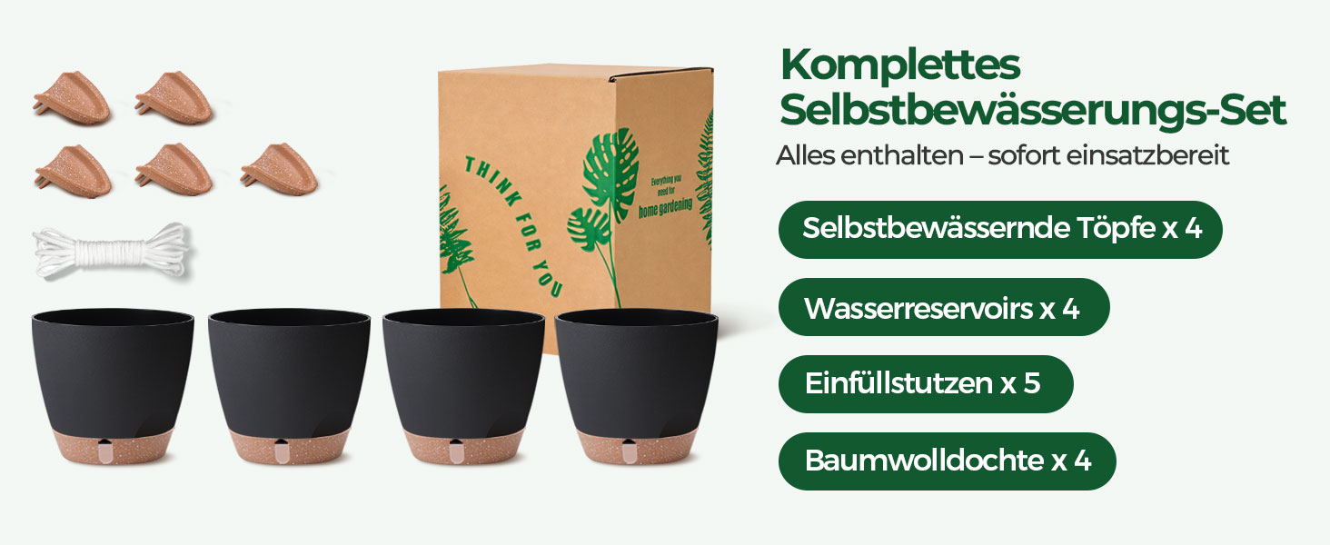 Набір 4 самополивні горщики T4U 15 см з індикатором рівня води, для дому та саду, чорний