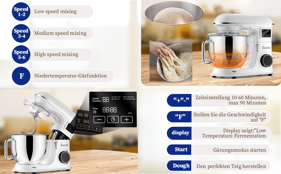 Кухонна машина 1500W 8L з 6 швидкостями, функцією ферментації та LCD-дисплеєм. В комплекті міксер, гак для тіста та вінчик. Чорний колір.