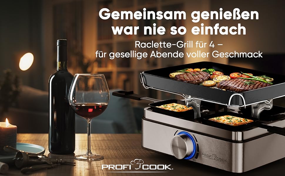 Raclette ProfiCook RG 1301 для 4 осіб | з 4 сковорідками та шпателями | Ракле | 800W
