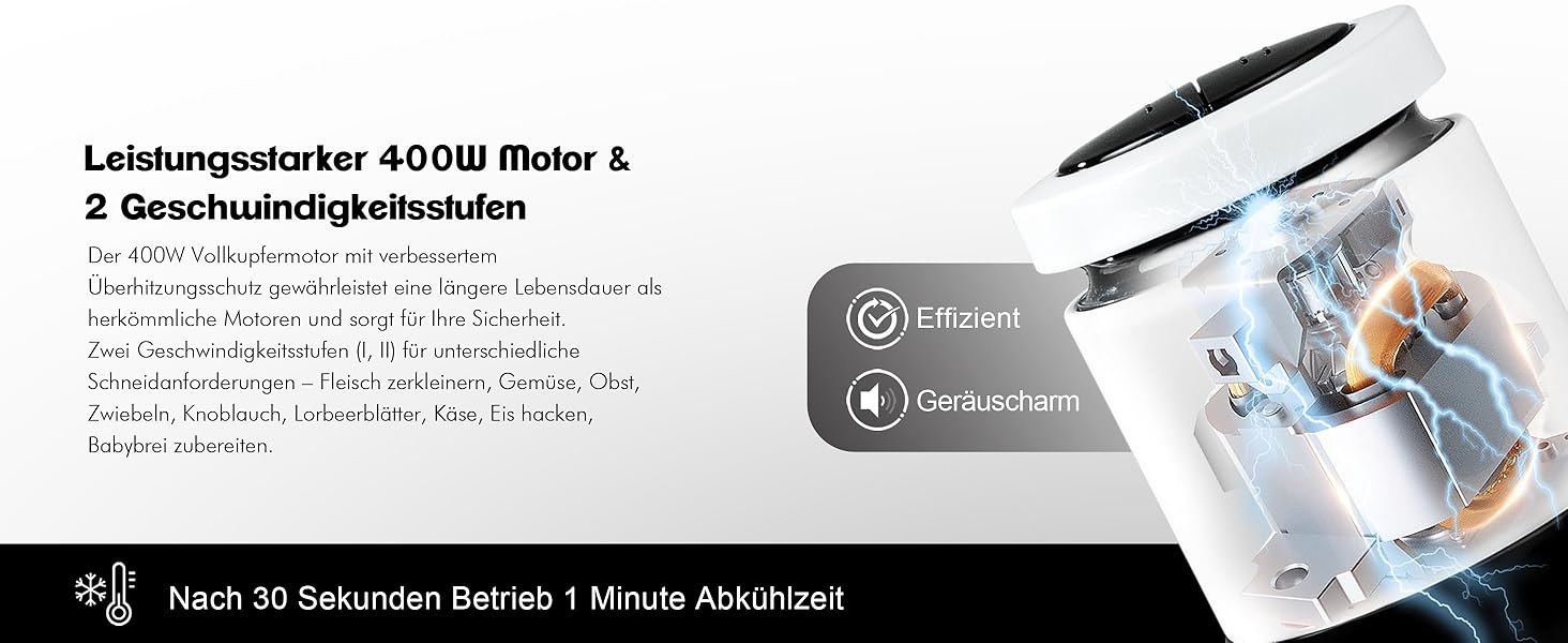 Електричний подрібнювач Zerkleinerer 400W з двома чашами 2л + 2л та двома лезами з нержавіючої сталі для м'яса, овочів, фруктів - білий