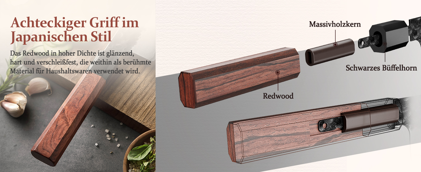 Професійний японський ніж Kiritsuke HEZHEN 21,5 см, кухонний ніж із 3-шарової дамаської сталі з восьмигранною ручкою з червоного дерева та дерев'яним чохлом