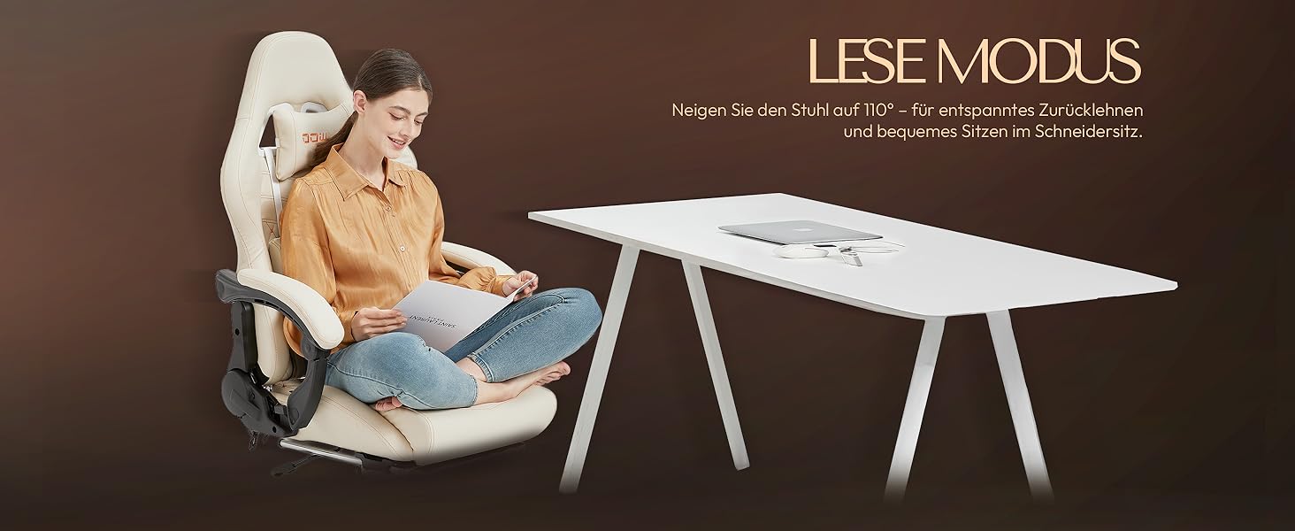 Ігровий крісло Dowinx з регульованою підніжкою, масажером попереку та офісним комфортом, до 200 кг, 165° нахил спинки, бежевий