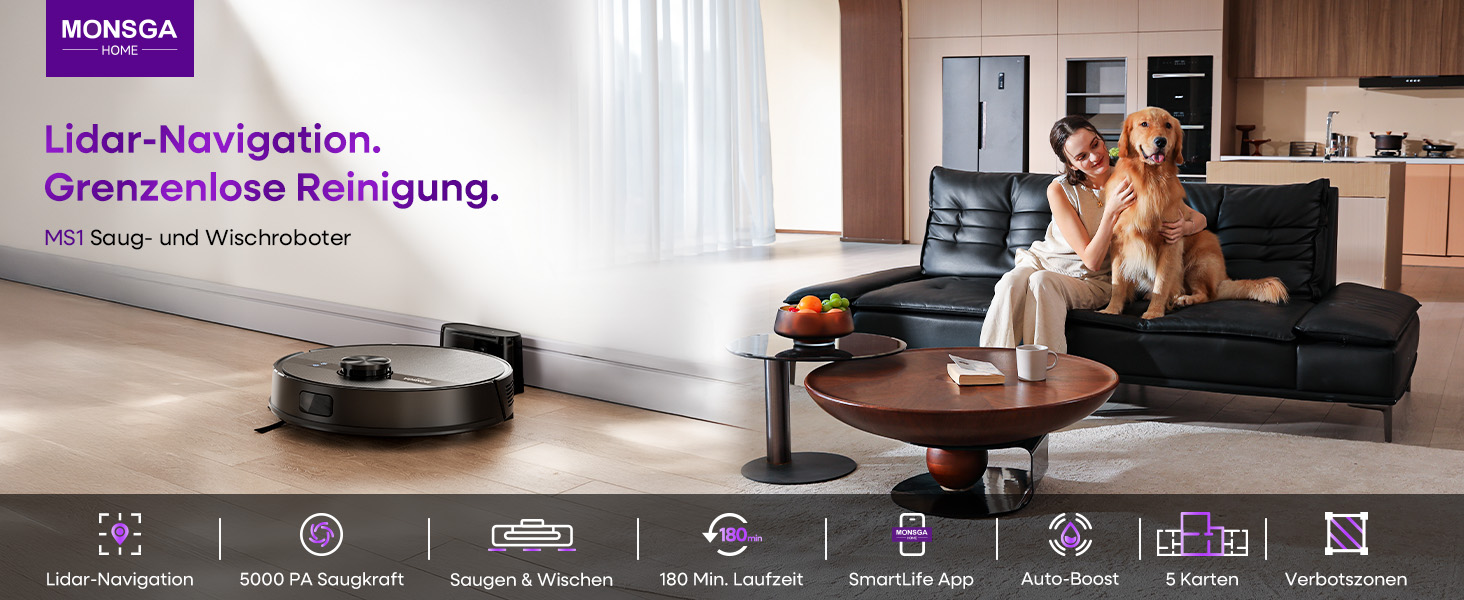 Робот-пилосос MONSGA з функцією миття, 5000Pa, час роботи 180 хв, система захисту від ковтунів, LiDAR навігація, для килимів та шерсті тварин, керування через додаток та пульт (чорний)