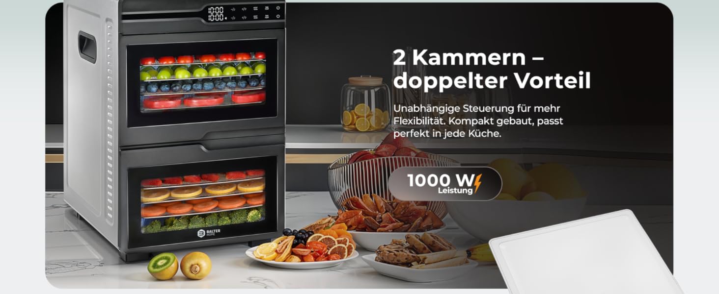 Електрична сушарка для фруктів та овочів Balter з нержавіючої сталі, 12 ярусів, 1100 Вт, 70 л, 12000 см² поверхні сушіння, BPA-free, 35–75 °C, таймер до 72 год, 2 камери