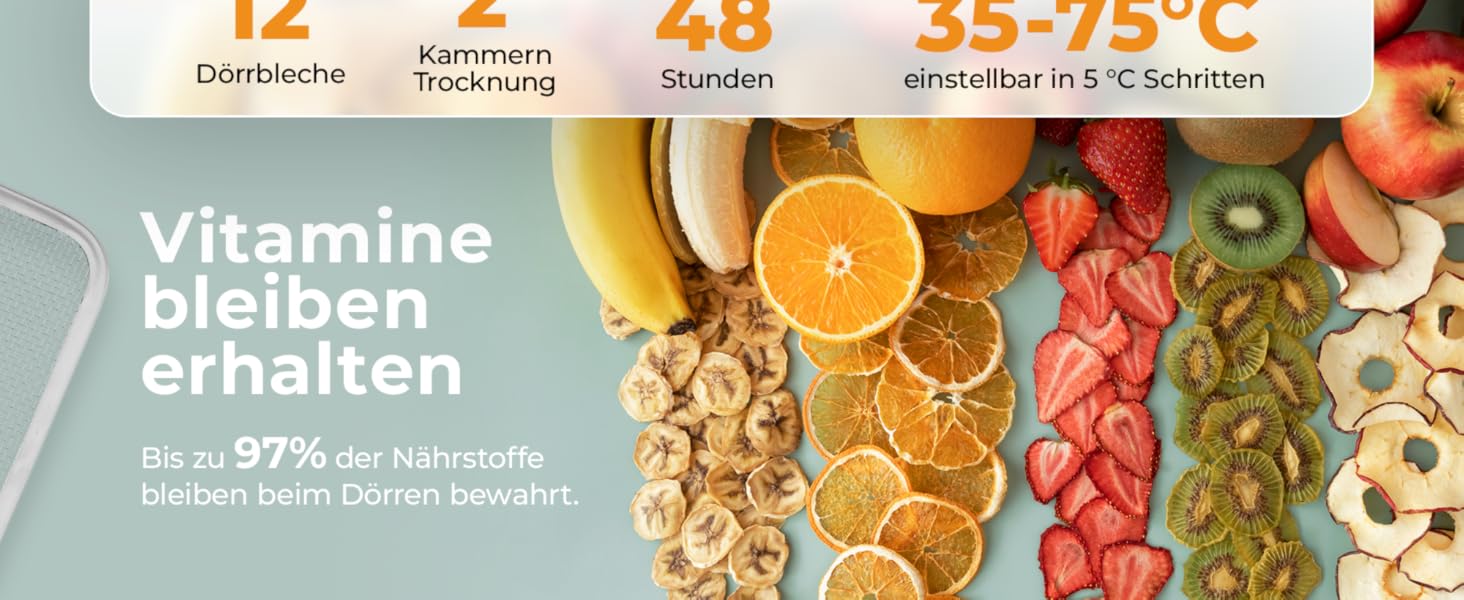 Електрична сушарка для фруктів та овочів Balter з нержавіючої сталі, 12 ярусів, 1100 Вт, 70 л, 12000 см² поверхні сушіння, BPA-free, 35–75 °C, таймер до 72 год, 2 камери