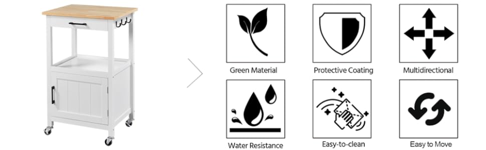 Кухонний візок Yaheetech на колесах з шафкою та полицею, 55x45x89 см, білий, у стилі кантрі