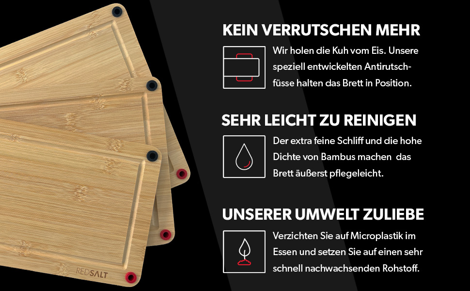 Набір дерев'яних обробних дощок REDSALT® з бамбука (3 шт.) | Антибактеріальні, з глибокою канавкою для соку, розміри 38x26, 32x22, 26x18 см | Сертифіковані FSC, преміум-якість