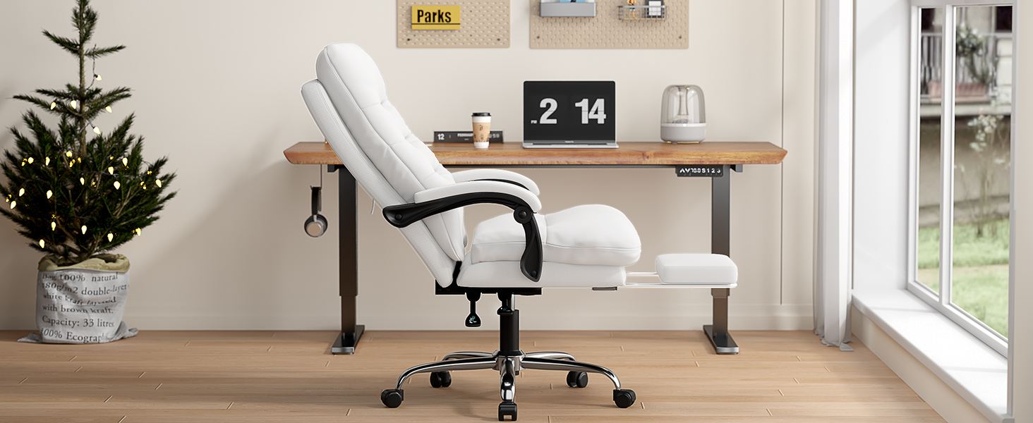 Ергономічне крісло для офісу Naspaluro з підніжкою, комп'ютерне крісло з двошаровою подушкою, високою спинкою, функцією відкидання, регулюванням висоти, з PU-шкіри, до 150 кг (Білий, Штучна шкіра)