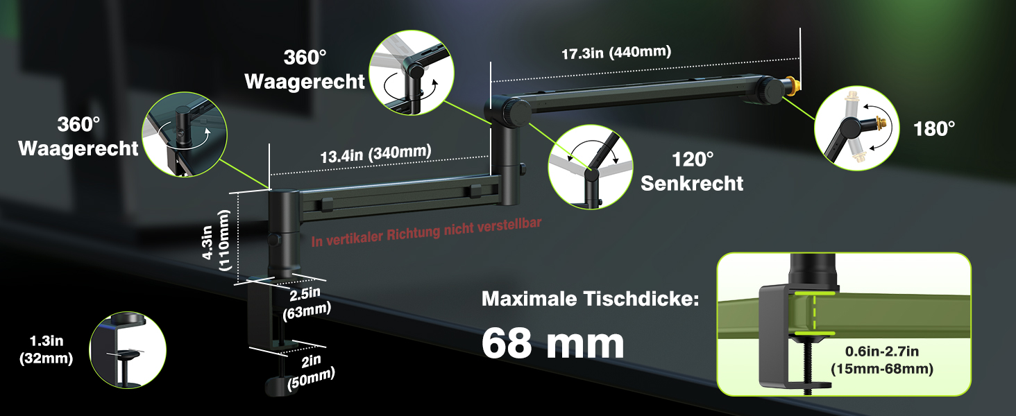 Низькопрофільний мікрофонний пантограф (стійка-тримач) Low Profile з Gear-Lock, чорний, до 3 кг, сумісний з Shure SM7B, MV7+, довжина 780 мм