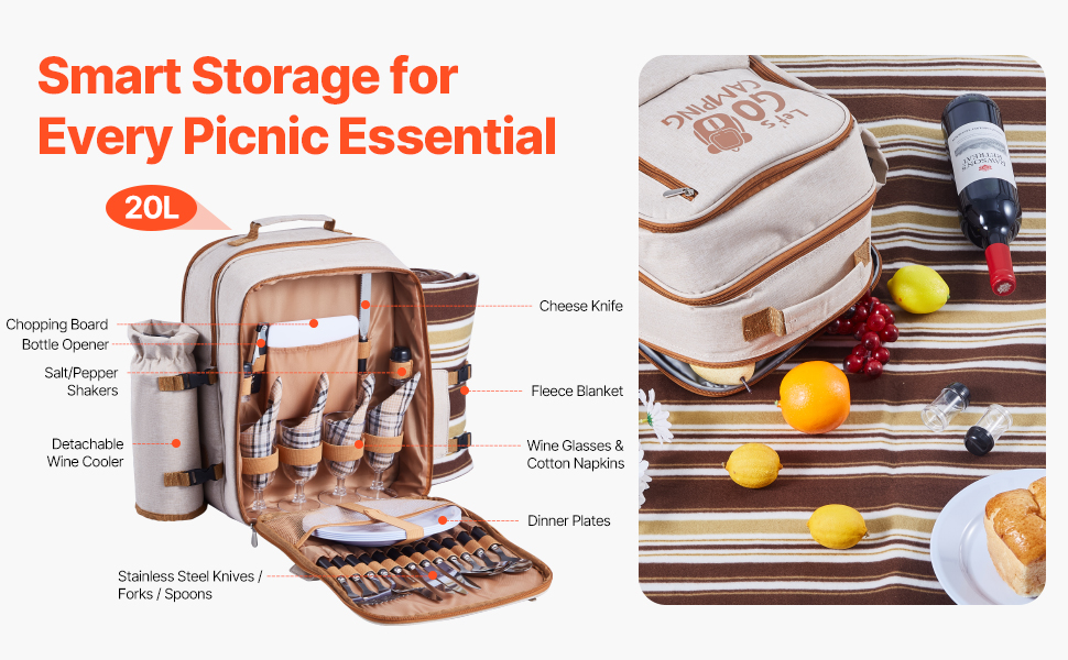 Рюкзак для пікніка VEVOR на 4 особи (20 л) з ізольованим холодильником, підстаканником/для вина та комплектом посуду для кемпінгу та пікніків, бежевий