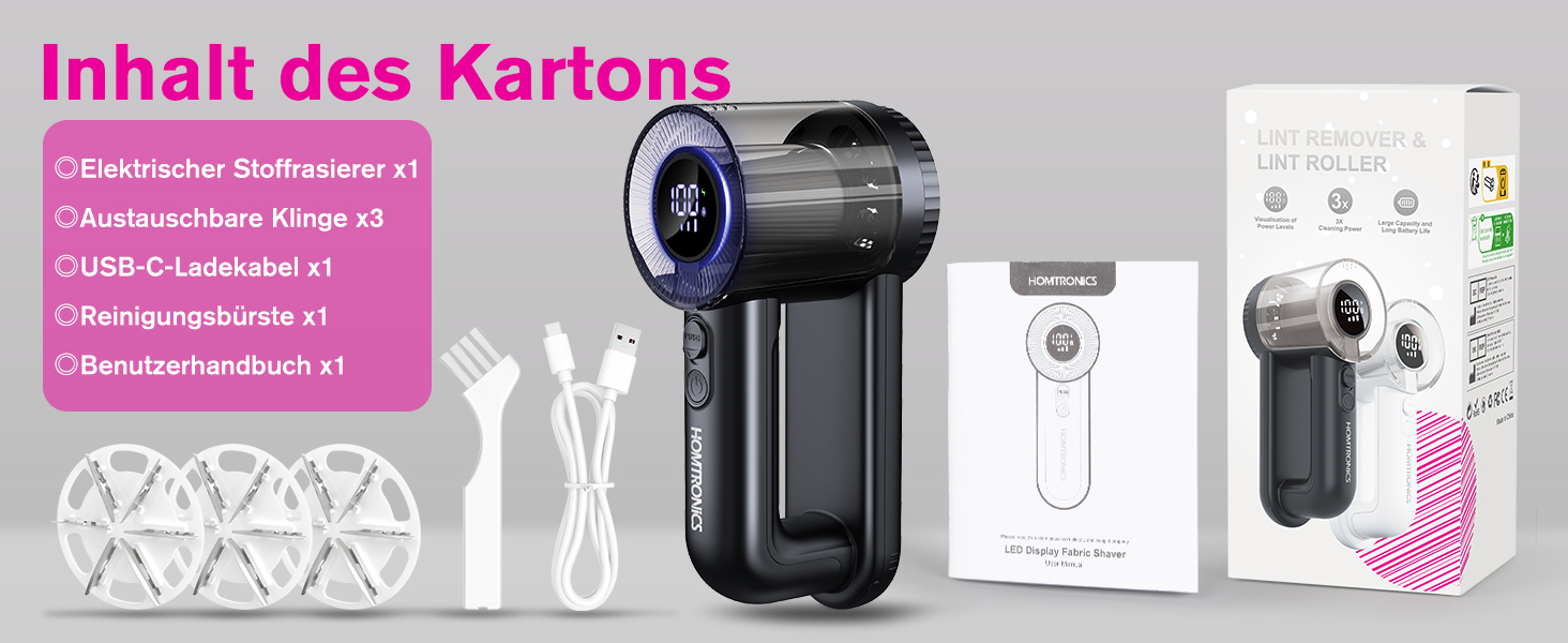 Електричний видальник ворсу Homtronics з USB-зарядкою, LED-дисплеєм та 6-ма лезами для одягу, диванів та килимів, чорний