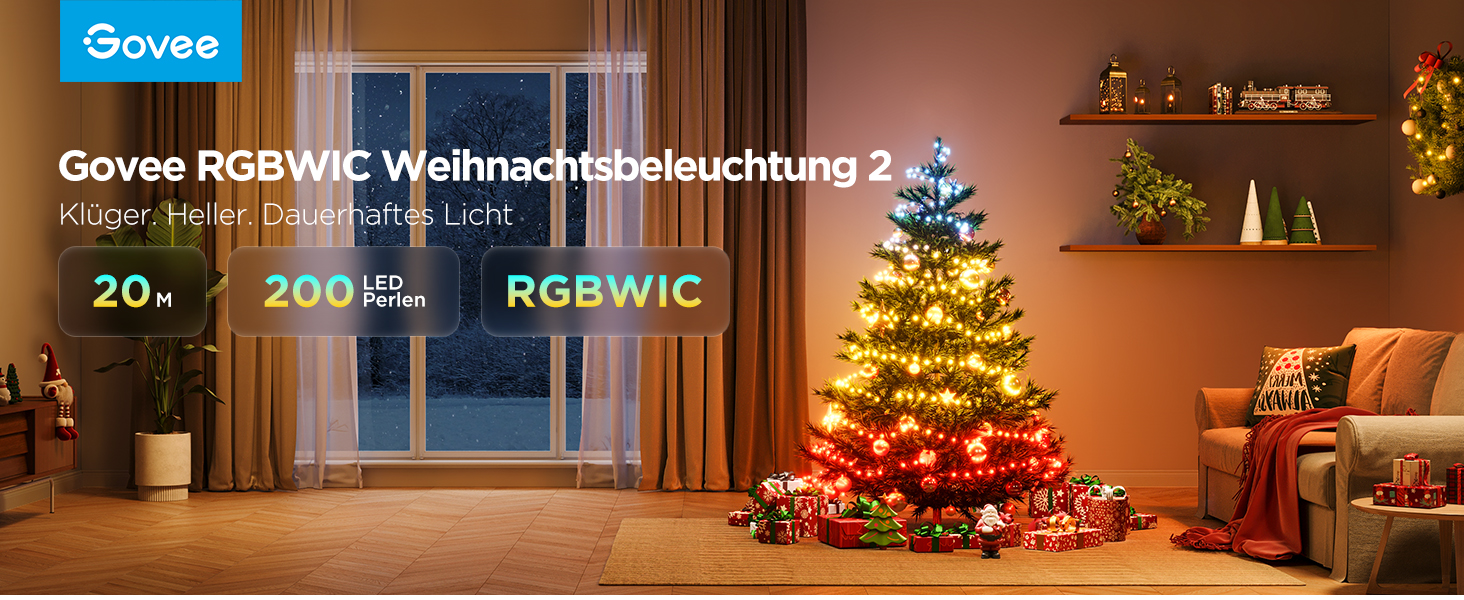 Різдвяні гірлянди Govee, RGBWIC 20M, 200 світлодіодів, внутрішня/зовнішня, відображення форм, 130 режимів, IP65, Alexa, зелений кабель