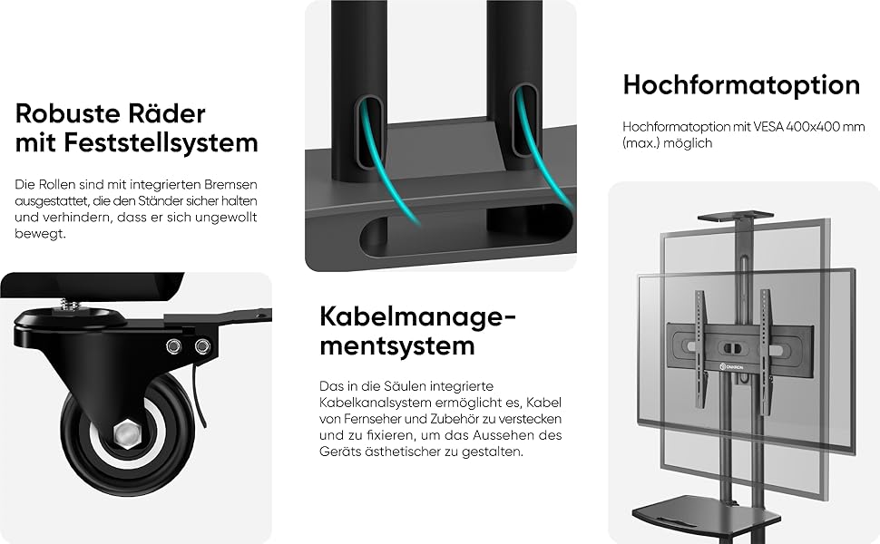 Тумба під телевізор ONKRON Rollable 40-70 дюймів, 45,5 кг, з колесами та 2 полицями, регульована по висоті, Чорна