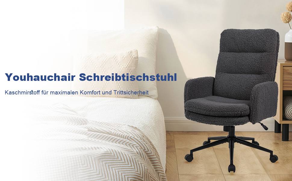 Крісло для роботи Youhauchair з кашеміру, ергономічне офісне крісло з високою спинкою, зручне крісло для туалету, обертове крісло для столу з регульованою висотою, кашемір, висока спинка (темно-сірий)