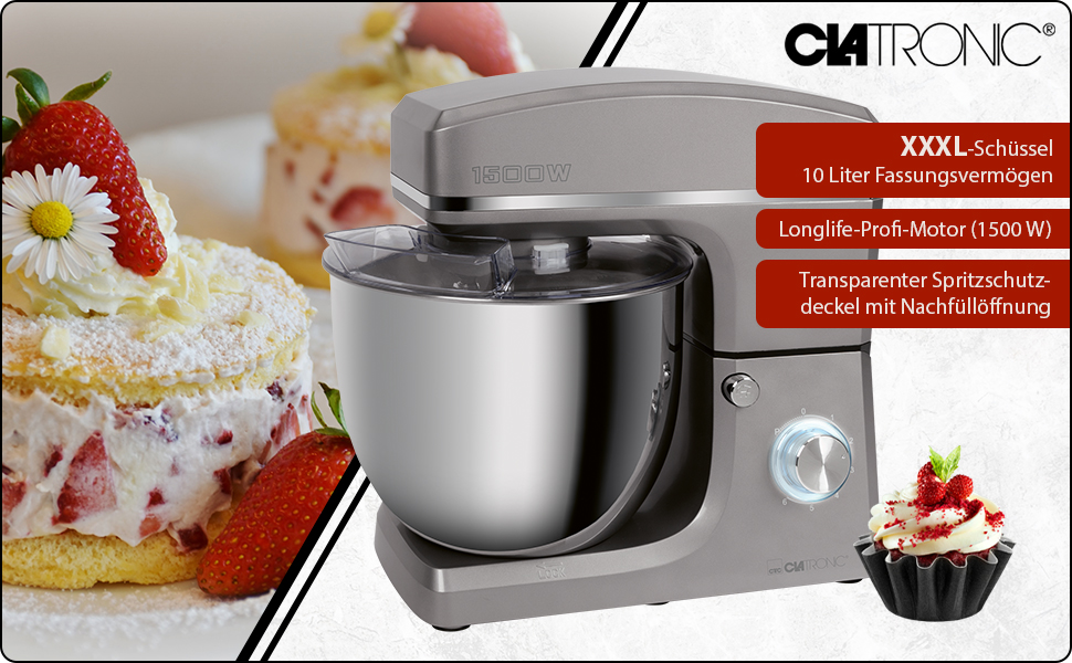 Кухонна машина Clatronic® XXL з великою чашею 10л, потужний 1500W двигун, для замішування та збивання тіста, з кришкою та отвором для підсипання інгредієнтів, модель KM 3765 (Titan)