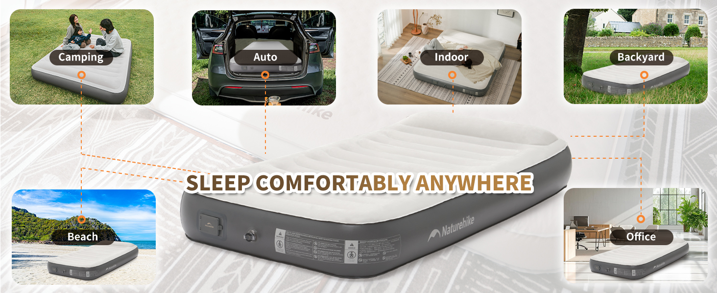 Надувний матрац Naturehike 2 особи з електричним насосом, 200x150x25 см. Самостійно надувний, преміум-якість, для кемпінгу та дому. Колір: коричневий та сірий (з подушками)