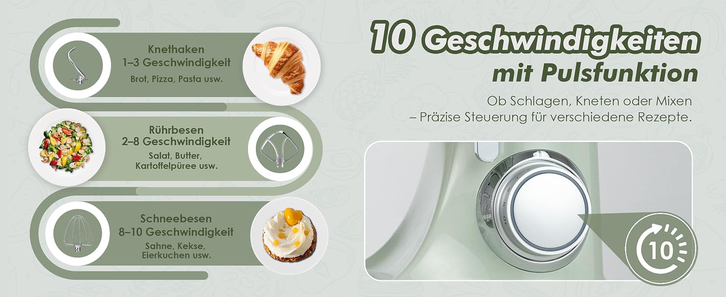 Кухонний комбайн-міксер Kitchen in the box Fab-Serie 8л, потужність 2000Вт, 10 швидкостей, з насадками (вінчик, гак, міксер), Зелений