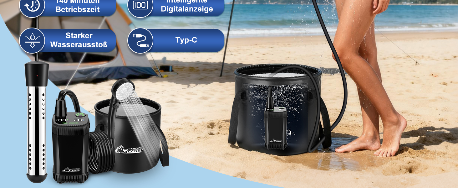 Портативна кемпінгова душова система WADEO з акумулятором, насосом та нагрівачем, 20л бак, для відпочинку, подорожей, автомиття та надзвичайних ситуацій