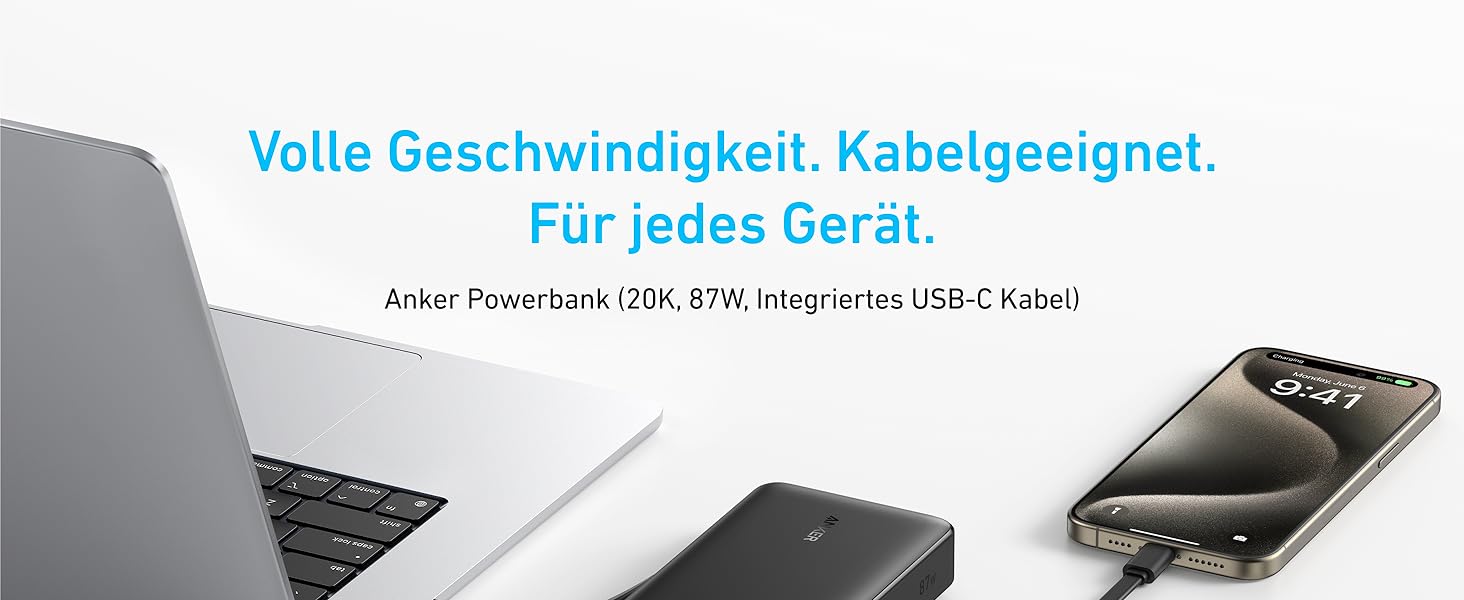 Портативний зарядний пристрій на 20 000 мАг із вбудованим кабелем USB-C, акумулятор для швидкої зарядки потужністю 87 Вт, 2 USB-C та 1 USB-A, для MacBook, iPhone серії 15/14, Samsung, Switch та інших Чорний