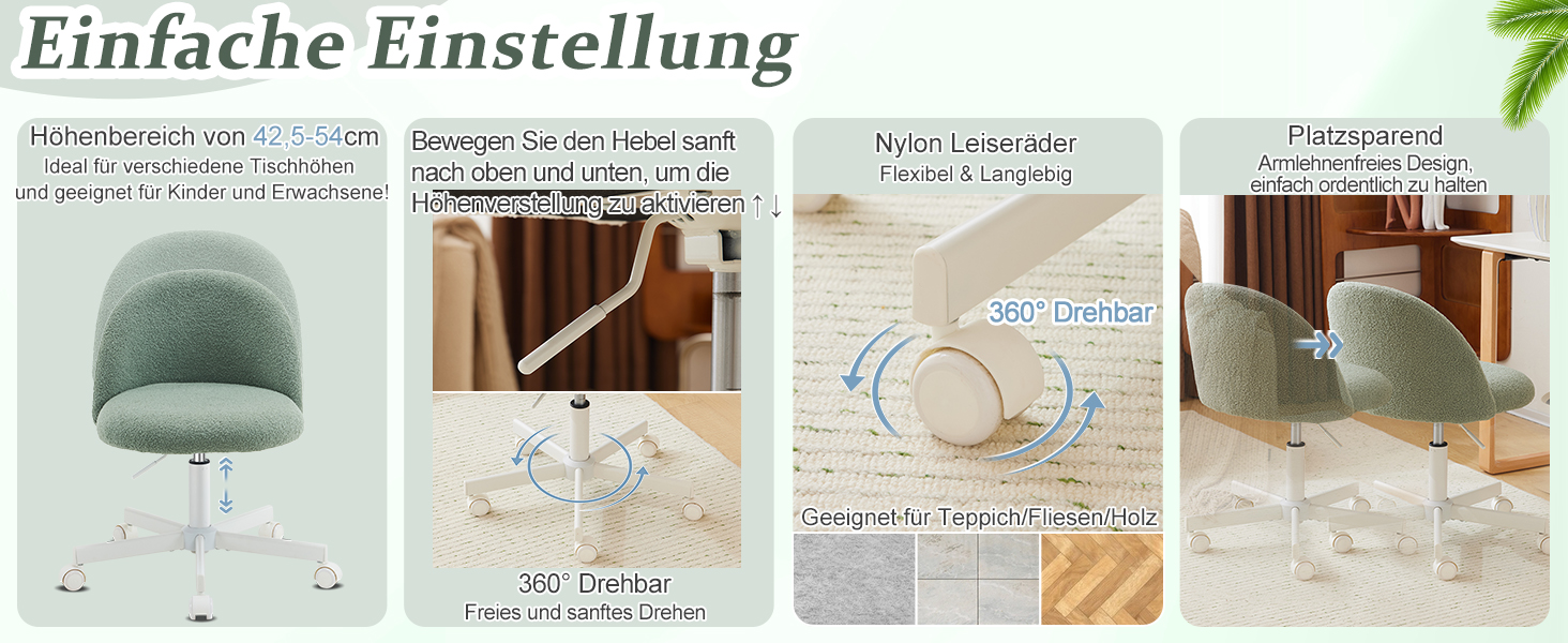 Офісне крісло Bonnlo з роликами, регульована висота, для робочого кабінету, спальні, home office, обшите тедді, білий (зелений)