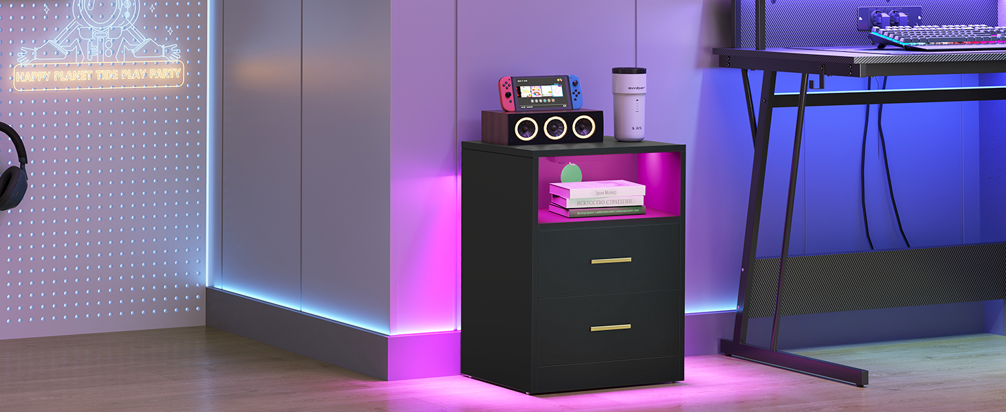 VASAGLE Custos: Набір з 2 тумбочок з LED-підсвічуванням та зарядкою, чорний, з шухлядами, 2 розетки AC та USB