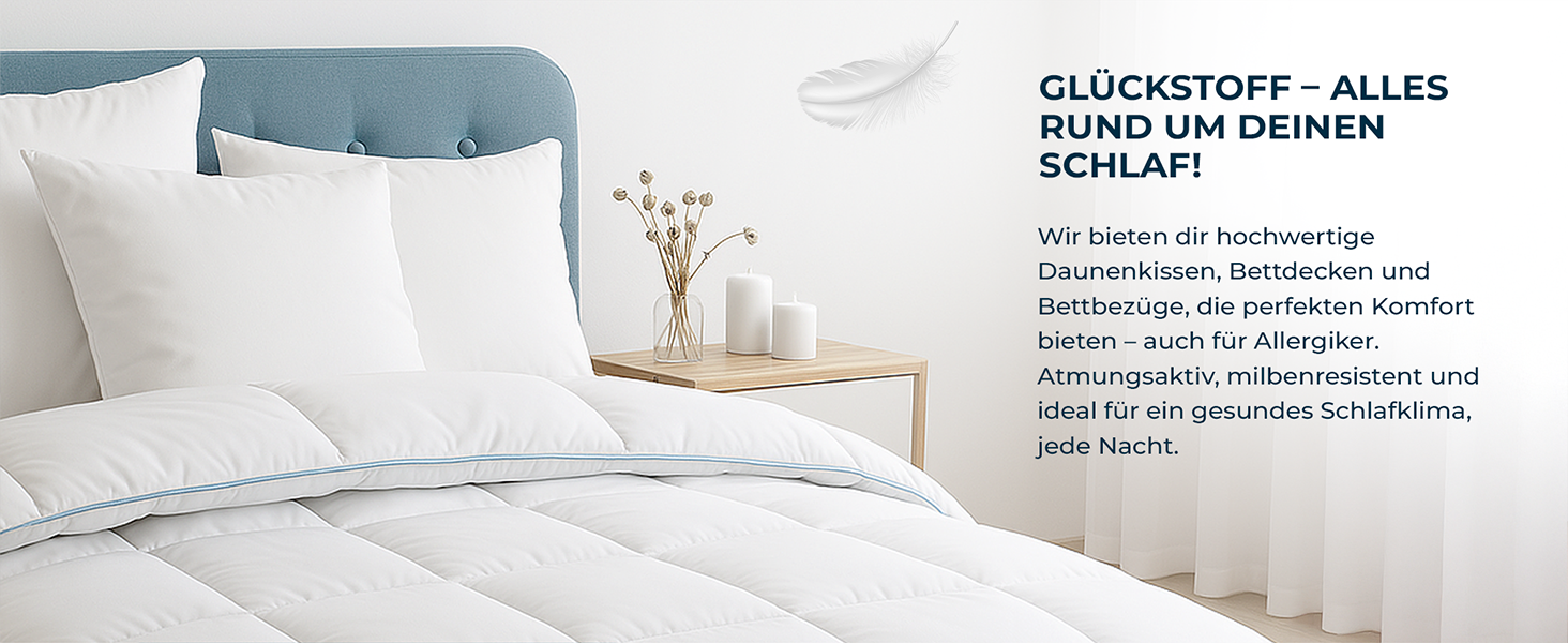 Ковдра з пуху та пера Glückstoff® 135x200 см - сертифікована в Німеччині. Підходить для будь-якої пори року. Комфортна ліжко-ковдра для сну.