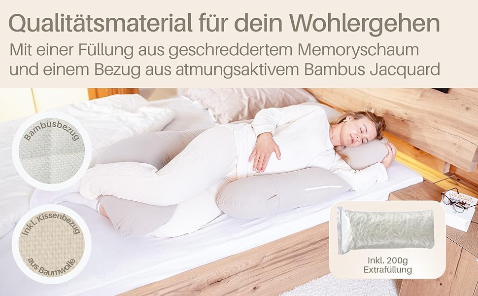 Подушка для вагітних та годування XL для сну на боці, з наповнювачем Memory Foam та чохлом з 100% бавовни, бежева