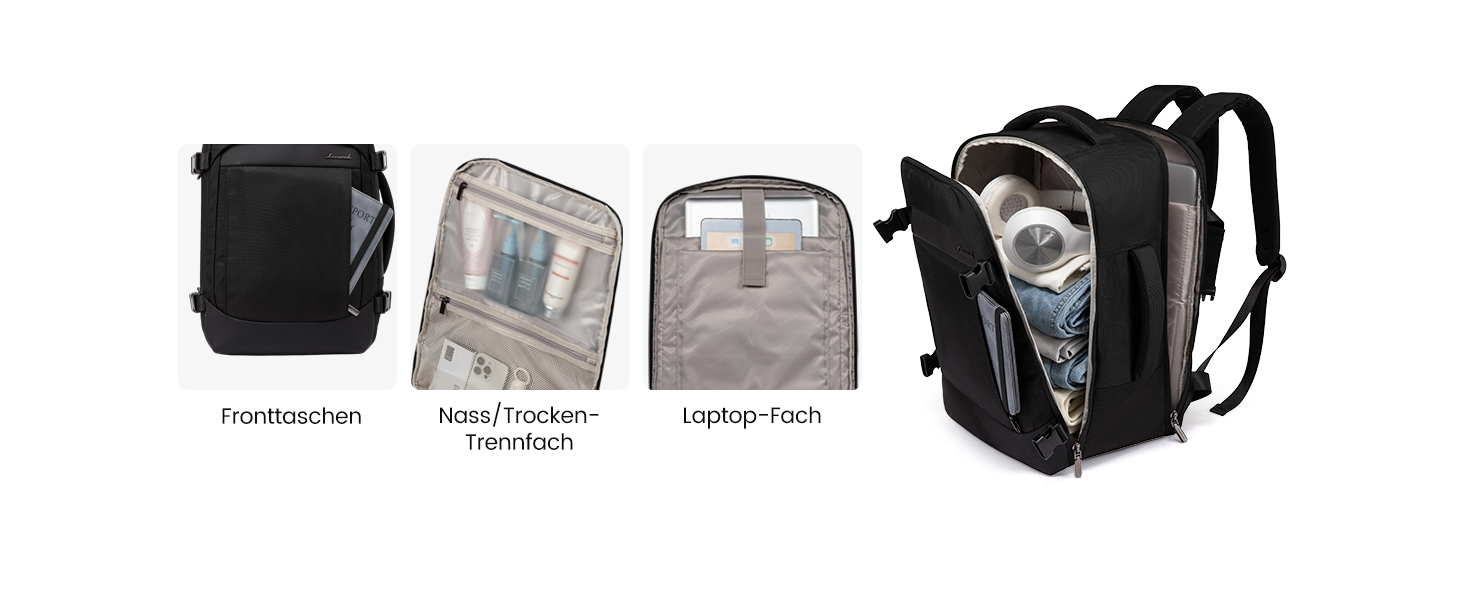 LOVEVOOK Рюкзак ручної поклажі 40x20x25 для Ryanair, 20L, рюкзак для подорожей, для ноутбука 14 дюймів, чоловічий/жіночий, з відділенням для мокрого та сухого, чорний