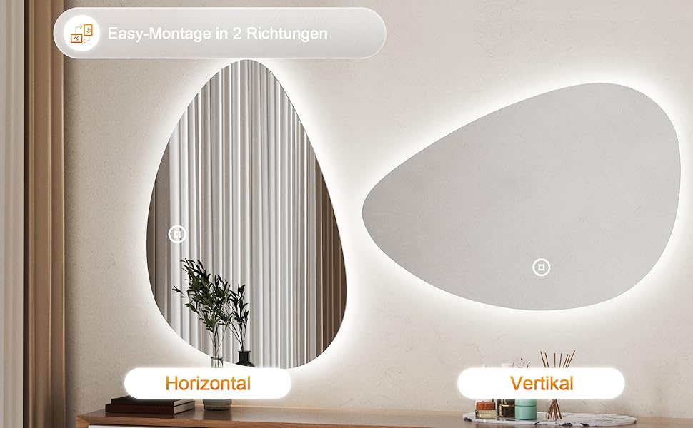 Асиметричне дзеркало для ванної кімнати Boromal з підсвічуванням 80x80 см, LED, сенсорний вимикач, 3 кольори, регулювання яскравості