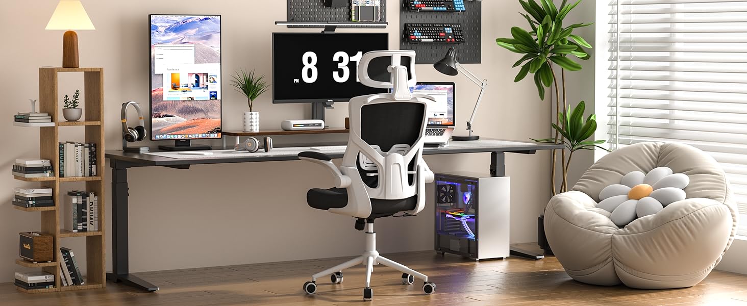 Ергономічне крісло для офісу з регульованою підголівником та поперековою підтримкою – високе офісне крісло з сітчастою спинкою та м'яким сидінням, вішалка для одягу та функцією блокування (Чорний колір з білим каркасом)