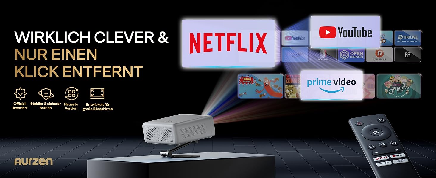 Aurzen Eazze D1 Smart Beamer: 4K проєктор для домашнього кіно з підтримкою 4K, Full HD 1080P, Netflix, Dolby Audio, автофокусом, корекцією трапеції, Wi-Fi, Bluetooth, білий