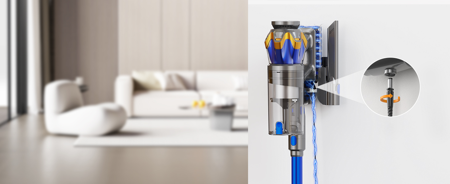 Бездротовий акумуляторний пилосос 45000 Па/550 Вт/65 хв, об'єм 1,6 л з дисплеєм, антизаплутана щітка, самостійна парковка, док-станція на стіні, 8-шарова фільтрація, тихий, для шерсті тварин/килимів/твердих поверхонь/автомобіля, блакитний