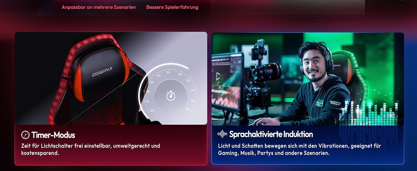 Ігровий крісло Dowinx з RGB підсвічуванням, LED, з підніжкою, для дорослих, ергономічний, з масажем попереку, PU шкіра, білий (червоний)