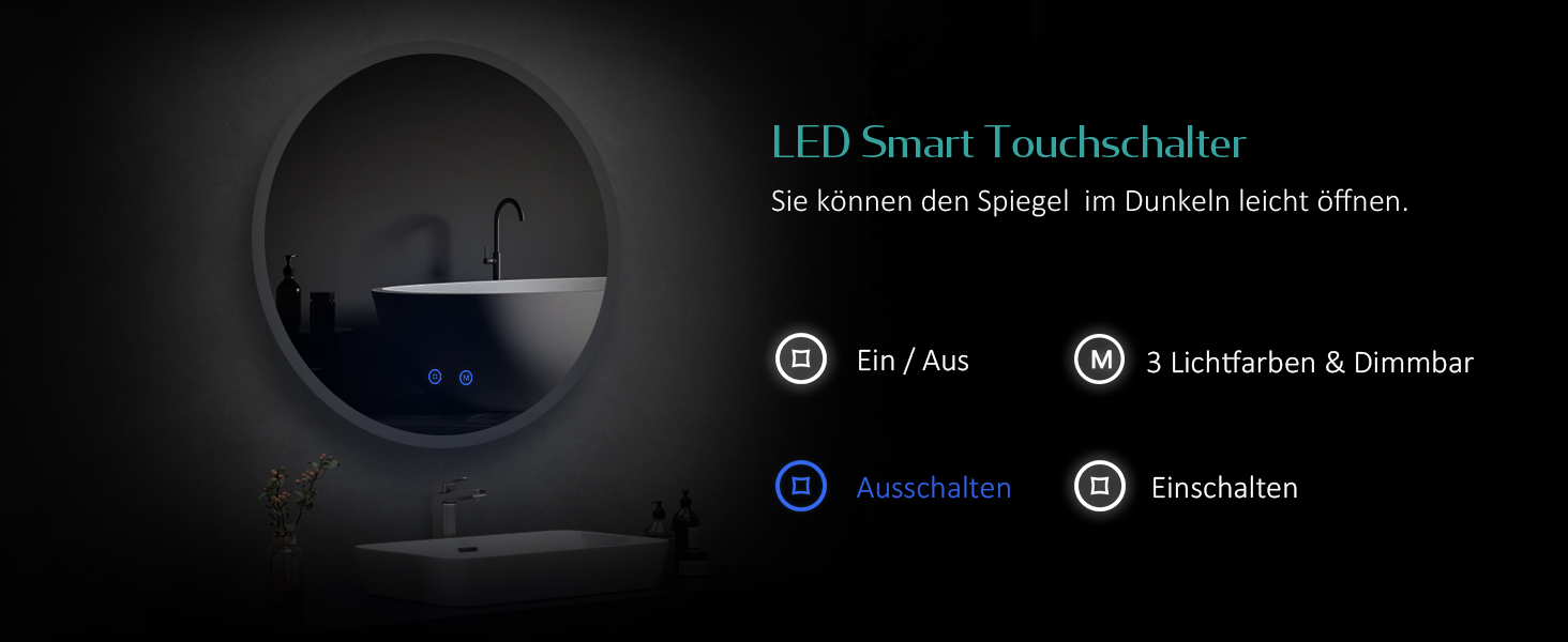 Дзеркало для ванної кімнати EMKE з підсвічуванням 80x60 см, сенсорне управління, антизапар, 3 кольори світла, регулювання яскравості, функція пам'яті, енергозбереження