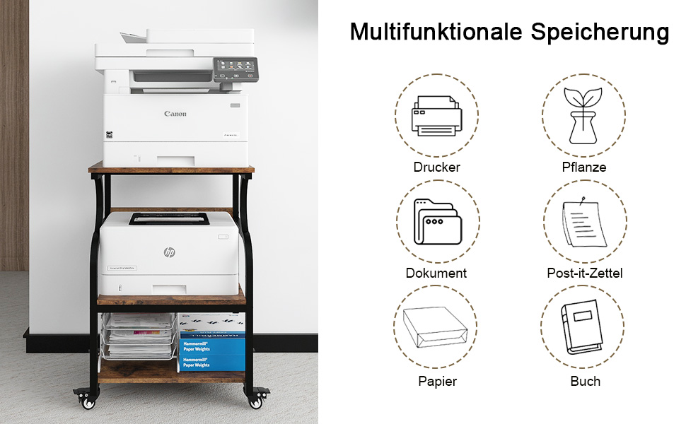 Регульований стіл для принтера PUNCIA з 3 ящиками та колесами. Мобільний візок для принтера з дерева та металу (60 x 50 см, Retro)