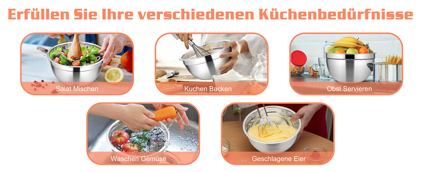 Набір мисок Homikit (5 шт.) з нержавіючої сталі з кришкою та силіконовим дном. Багатофункціональний, стековий, придатний для миття в посудомийній машині, 6.6L / 3.5L / 2.5L / 1.5L / 1L (Кольоровий, з 3 терками)