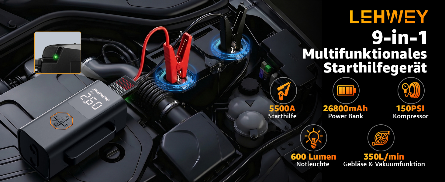 Пусковий пристрій для авто (бустер) 9 в 1 з компресором 150PSI, Powerbank 5500A, LCD-дисплеєм та ліхтариком для 12V бензинових та дизельних двигунів