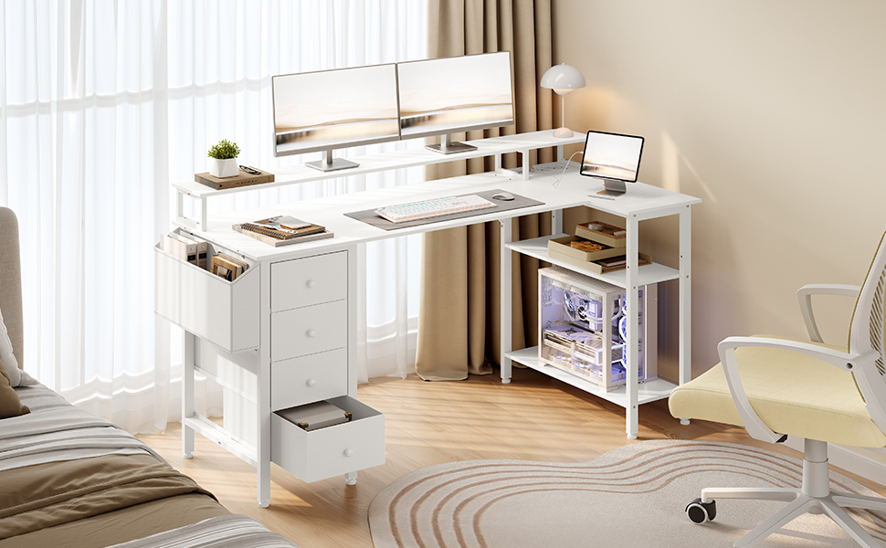 Кутовий стіл Yaheetech L-подібний з розетками, 120 x 68 см, білий. Ігровий стіл з кріпленням для монітора, 4 шухлядами, 2 полицями та кишенькою для зберігання. Для дому та офісу.
