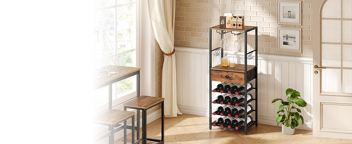 Стильна полиця для вина HOOBRO на 16 пляшок з 6 ярусами, з шухлядою, органайзер для вин, дерев'яний винний стенд, 40 x 30 x 102 см, вінтажний колір