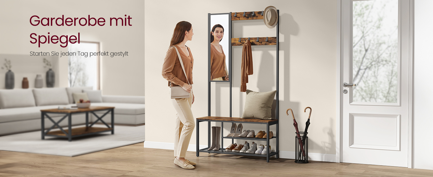 Стійка для одягу VASAGLE з дзеркалом та банкеткою, 35 x 98 x 180 см, для передпокою, спальні, вітальні, індустріальний дизайн, вінтажний колір, HSR415B01