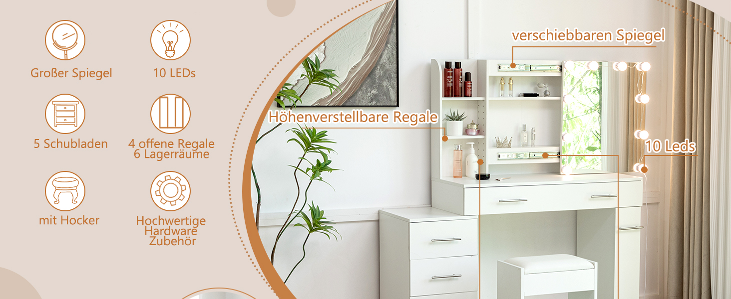 Дзеркальний туалетний столик Thanaddo з підсвічуванням та пуфом, 100×40×136 см. 6 шухляд, відкриті полиці, сучасний дизайн для спальні (білий)