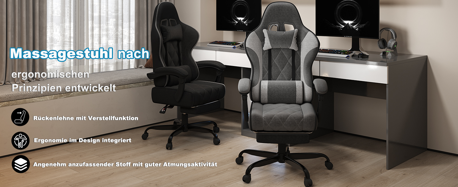 Ігровий крісло JUMMICO з тканини та пружинним наповнювачем, ергономічний офісний крісло з масажером. Крісло має підголівник, підставку для ніг, регулювання висоти. Максимальне навантаження: 150 кг. Колір: темно-сірий