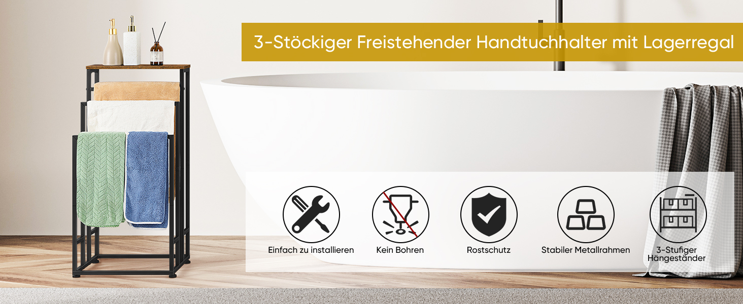 Підставка для рушників Smusei, настільна, 3-ярусна, з полицею з дерева, з нержавіючої сталі, для ванної кімнати та вітальні, 40x30x82 см, чорний (вінтажний коричневий)