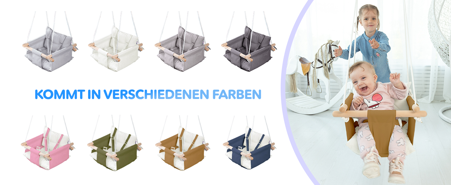 Дерев'яна гойдалка для малюків Cateam - ідеальна для дому та саду. З безпечним ремінцем, від 12 місяців. Елегантно-кремовий колір.