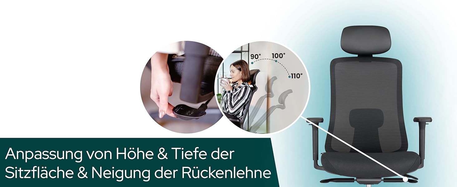 Ергономічне крісло Schekka® для офісу - переможець тестів. Індивідуальне регулювання, підтримка попереку, 3D підлокітники, дихаюча сітка. Макс. вага 150 кг, чорний колір, без підголівника.